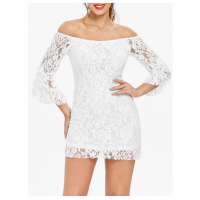 Solid Color Tempting Boat Neck Off-The-Shoulder Trumpet Sleeve Lace Dress For Women - White